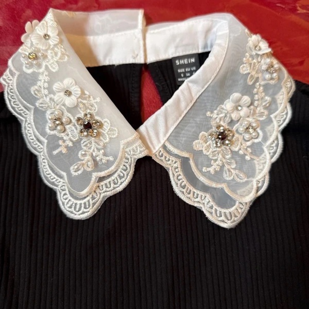 SHEIN Black Ribbed Long-Sleeve Top with White Embroidered Peter Pan Collar - Picture 4 of 5